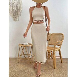 boho 2 piece skirt set: tassel halter crop top & midi skirt cream
